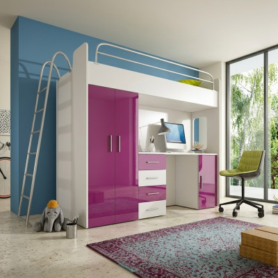 Lit superposé double LIT SUPERPOSÉ Lit superposé avec bureau + armoire - RAJ 4D VIOLET
