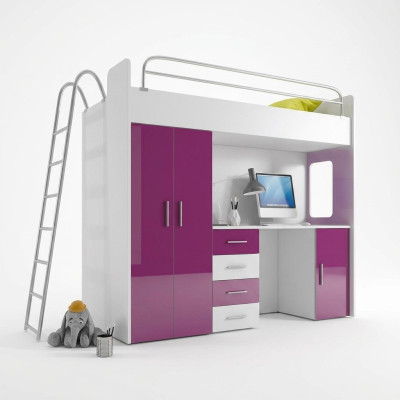 Lit superposé double LIT SUPERPOSÉ Lit superposé avec bureau + armoire - RAJ 4D VIOLET
