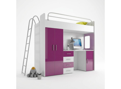 Lit superposé double LIT SUPERPOSÉ Lit superposé avec bureau + armoire - RAJ 4D VIOLET