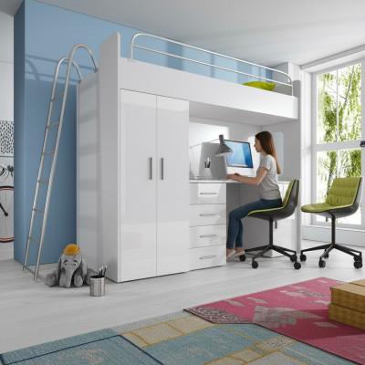 Lit superposé double BUNK BETT Lit superposé avec bureau + armoire -RAJ 4D blanc