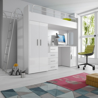 Lit superposé double BUNK BETT Lit superposé avec bureau + armoire -RAJ 4D blanc
