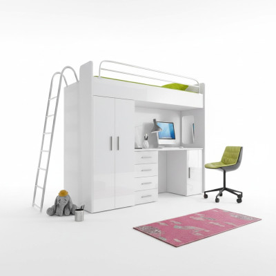 Lit superposé double BUNK BETT Lit superposé avec bureau + armoire -RAJ 4D blanc