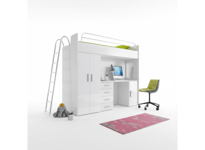 Lit superposé double BUNK BETT Lit superposé avec bureau + armoire -RAJ 4D blanc