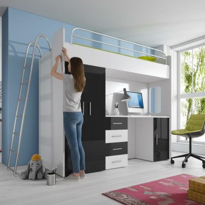 Lit superposé BUNK BETT Lit superposé Bureau + Armoire - RAJ 4D Noir