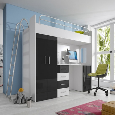 Lit superposé BUNK BETT Lit superposé Bureau + Armoire - RAJ 4D Noir