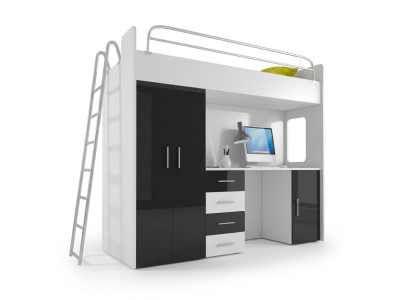 Lit superposé BUNK BETT Lit superposé Bureau + Armoire - RAJ 4D Noir
