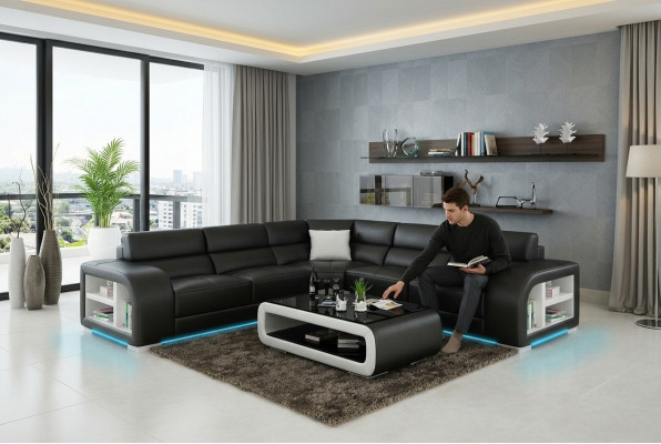 Canapé d'angle en cuir pour salon, paysage décoratif moderne, design de suite de canapé d’angle.