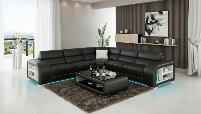 Canapé d'angle en cuir pour salon, paysage décoratif moderne, design de suite de canapé d’angle.