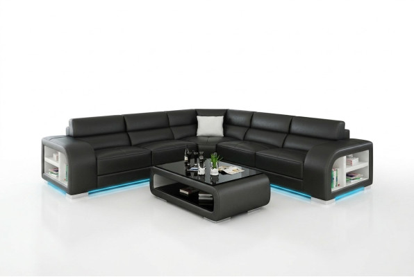 Canapé d'angle en cuir pour salon, paysage décoratif moderne, design de suite de canapé d’angle.