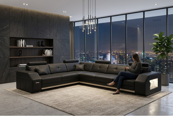 Canapé d'angle Canapé en cuir Canapé Sofa Rembourrage Siège Suite d'angle Paysage de vie Ebern S