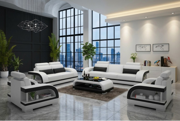 Ensemble de canapés design, ensemble de canapés en cuir 3+2+1 suite canapé canapé neuf Zitadelle Blanc
