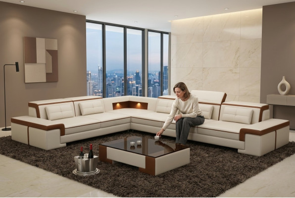 Canapé d'angle moderne en cuir avec rembourrage, design de canapé salon avec paysage vivant