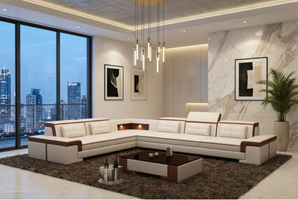 Canapé d'angle moderne en cuir avec rembourrage, design de canapé salon avec paysage vivant
