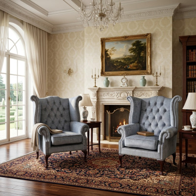 Fauteuil Chesterfield Oreilles Canapé Sofa Tapisserie Siège Salon Bleu Bébé Relax