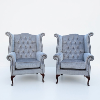 Fauteuil Chesterfield Oreilles Canapé Sofa Tapisserie Siège Salon Bleu Bébé Relax