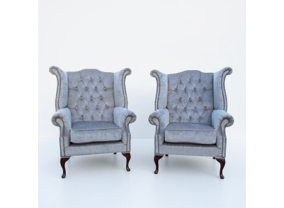 Fauteuil Chesterfield Oreilles Canapé Sofa Tapisserie Siège Salon Bleu Bébé Relax