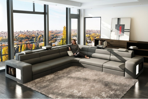 Canapé en cuir canapé canapé d'angle siège rembourrage living landscape XXL grand gris en rotin