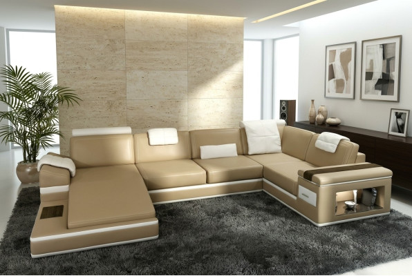 Canapé d'angle Canapé Canapé en cuir Suite de revêtement en cuir Paysage de vie d'ensemble d'angle Beige