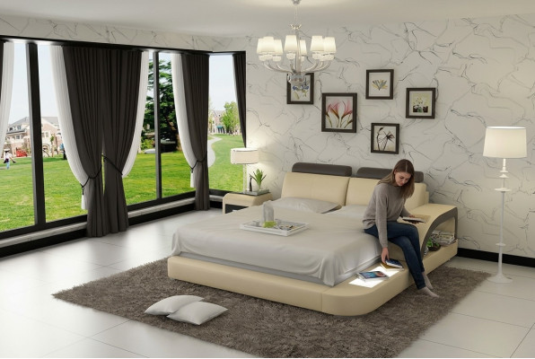 Éclairage de lit de luxe Lit en cuir Lits Canapé Grand Mariage Rembourrage 140/160/180 cm