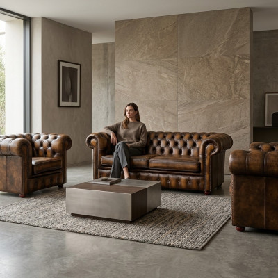Canapé Chesterfield en cuir 2+1+1 Canapé en textile avec revêtement en tissu Suite