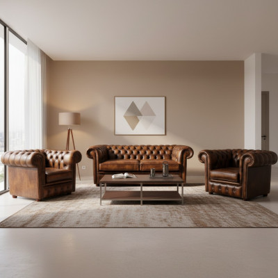 Canapé Chesterfield en cuir 2+1+1 Canapé en textile avec revêtement en tissu Suite