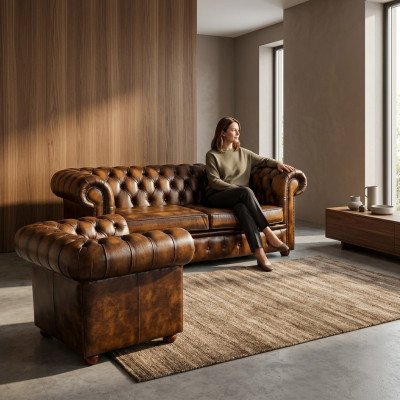 Canapé Chesterfield en cuir d'ameublement, ensemble de canapés 2+1 en tissu et en cuir.