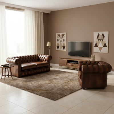 Canapé Chesterfield en cuir d'ameublement, ensemble de canapés 2+1 en tissu et en cuir.