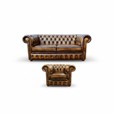 Canapé Chesterfield en cuir d'ameublement, ensemble de canapés 2+1 en tissu et en cuir.