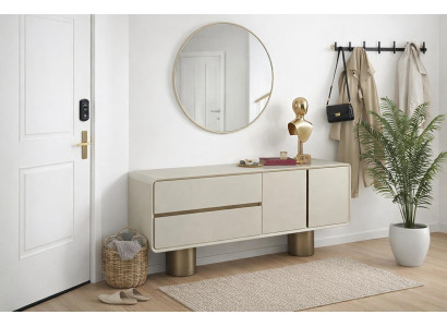 Modernes Beiges Sideboard Exklusiver Spiegel Anrichte Holz Möbel