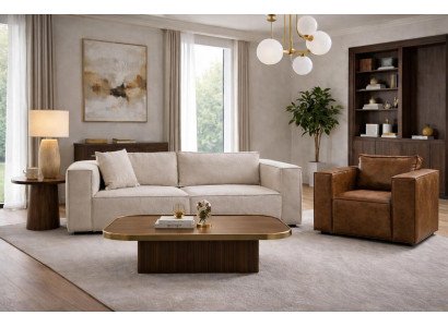 Stilvoller Beiger 3-Sitzer Brauner Ledersessel Wohnzimmer 2tlg Set