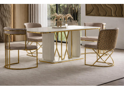 Eleganter weißer Tisch mit 4 luxuriösen Stühlen in Goldoptik