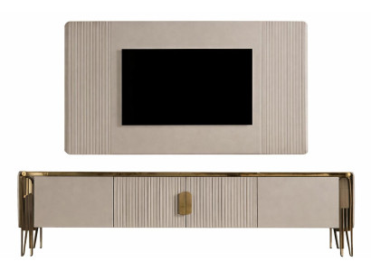 Elegantes TV-Lowboard mit stilvollem TV-Paneel in Beige & Gold