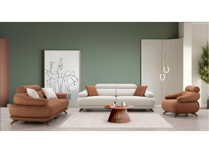 Braun-Weiße Couchgarnitur Polstermöbel 3-Sitzer Sofas Sessel 3tlg