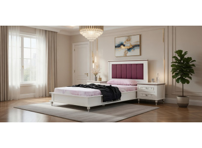 Elegantes Bett mit rosa Kopfteil und Nachttisch aus Holz