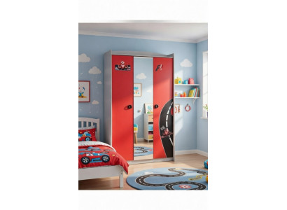 Kinder Kleiderschrank im Rennwagen Design mit Spiegel und Stauraum