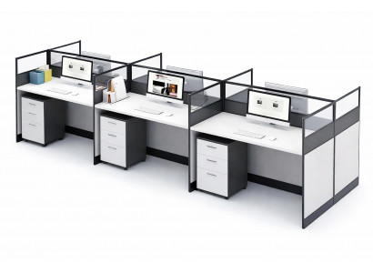 Modularer Büroarbeitsplatz TrioDesk mit Trennwänden und Stauraum