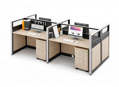 Moderner Bürotisch Teamarbeitsplatz mit Sichtschutz und Container