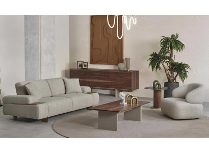 Grau-Beige Wohnzimmer Sofagarnitur Polstersofa Sideboard Couchtisch