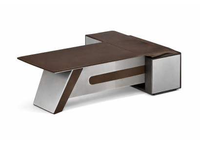 Moderner Schreibtisch aus Holz und Edelstahl mit minimalistischer Form