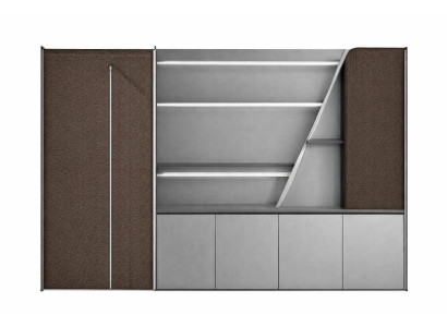 Moderner Büroschrank mit braunen Textilfronten und praktischen Regalen