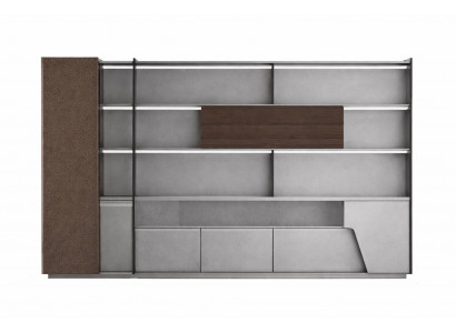Büroschrank mit braunen Textilfronten und modernen Regalelementen