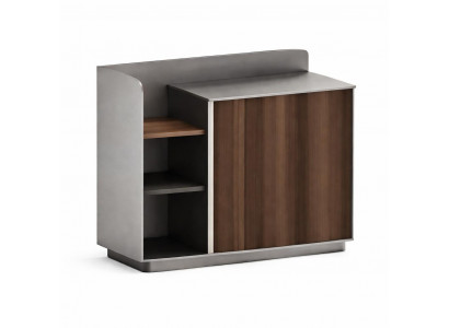 Sideboard mit Holzregalen und Schiebetüren im modernen Design