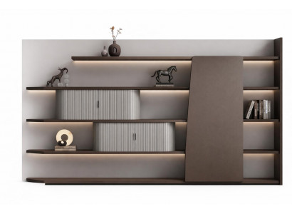Moderner Büroschrank mit LED-Beleuchtung und eleganten Holzregalen
