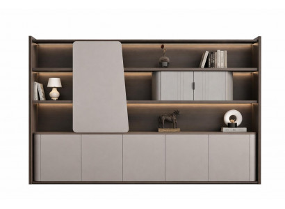 Moderne Büroschrankwand mit LED-Beleuchtung und eleganten Regalen