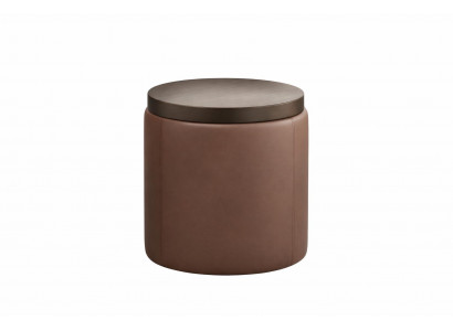 Moderner runder Pouf mit Lederbezug und Holzdeckel im eleganten Design