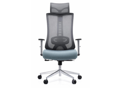 Ergonomischer Bürostuhl mit Mesh-Rücken und blauer Sitzfläche