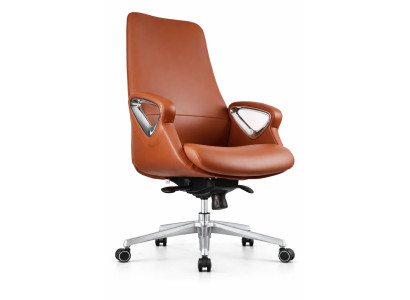 Chefsessel in Cognac-Braun mit Alu-Gestell & Designer-Armlehnen