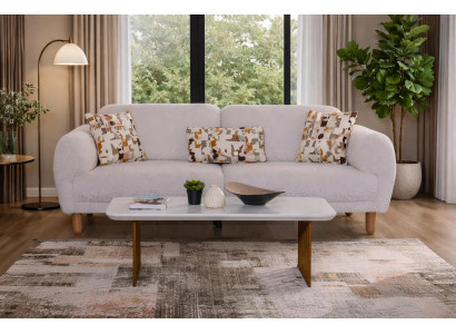 Grau-Weiße Wohnzimmer Polstergarnitur Edler 3-Sitzer Holz Couchtisch