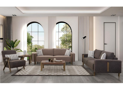 Braune Couchgarnitur 2x Polster 3-Sitzer Edler Couchtisch Sessel