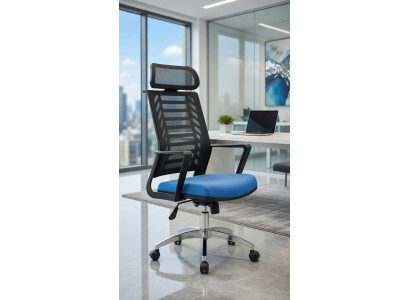 Moderner Bürostuhl mit Netzgewebe und Kunstleder in Blau und Schwarz